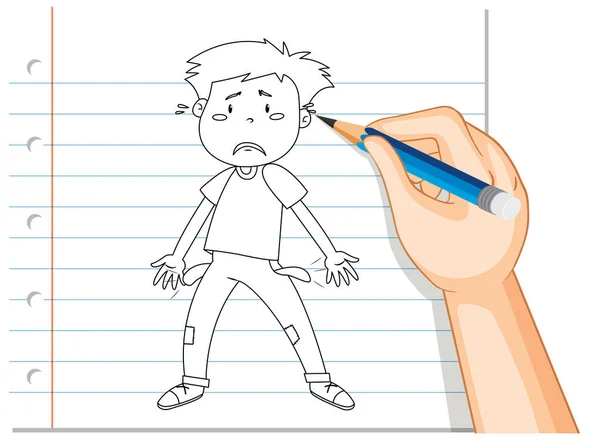 Hand Writing Young Man Sad Disappointed Outline Illustration — Stock Vector