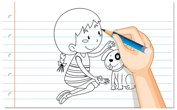 Handzeichnung Von Niedlichen Mädchen Mit Einem Hund Umriss Illustration — Stockvektor