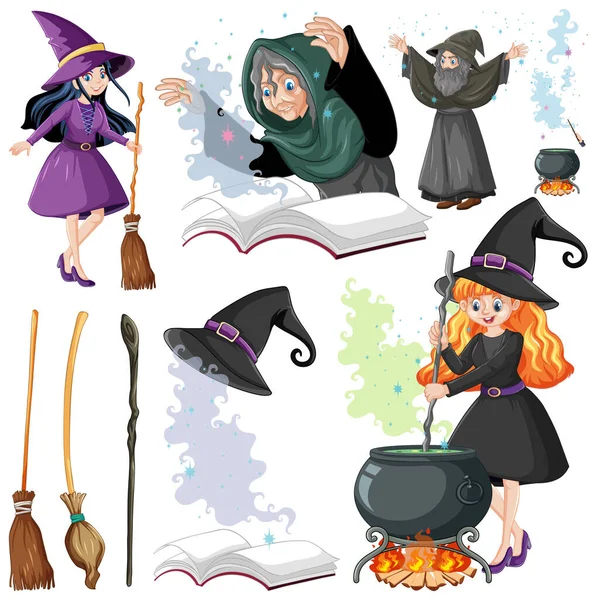 Set Von Zauberern Oder Hexen Und Werkzeugen Cartoon Stil Isoliert — Stockvektor