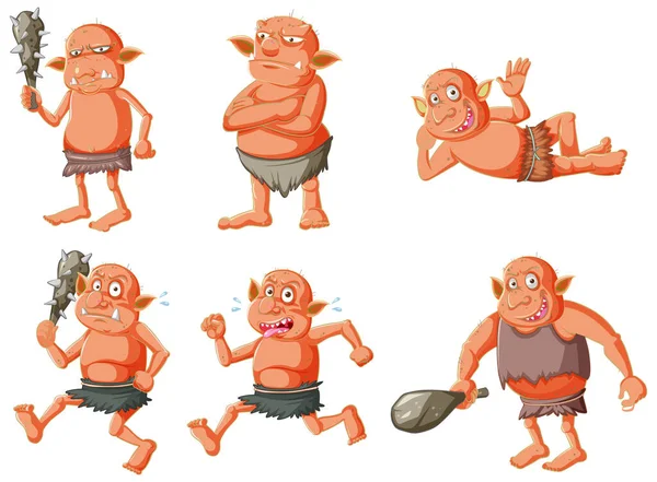 Conjunto Goblin Laranja Troll Diferentes Poses Desenho Animado Personagem Ilustração — Vetor de Stock