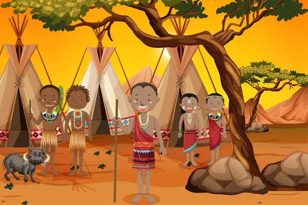 Ethnische Menschen Afrikanischer Stämme Traditioneller Kleidung Der Natur Hintergrundillustration — Stockvektor