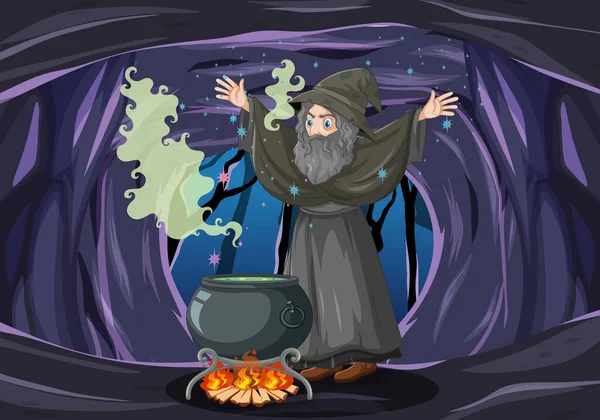 Varázsló Vagy Boszorkány Mágikus Pot Sötét Barlang Háttér Illusztráció — Stock Vector