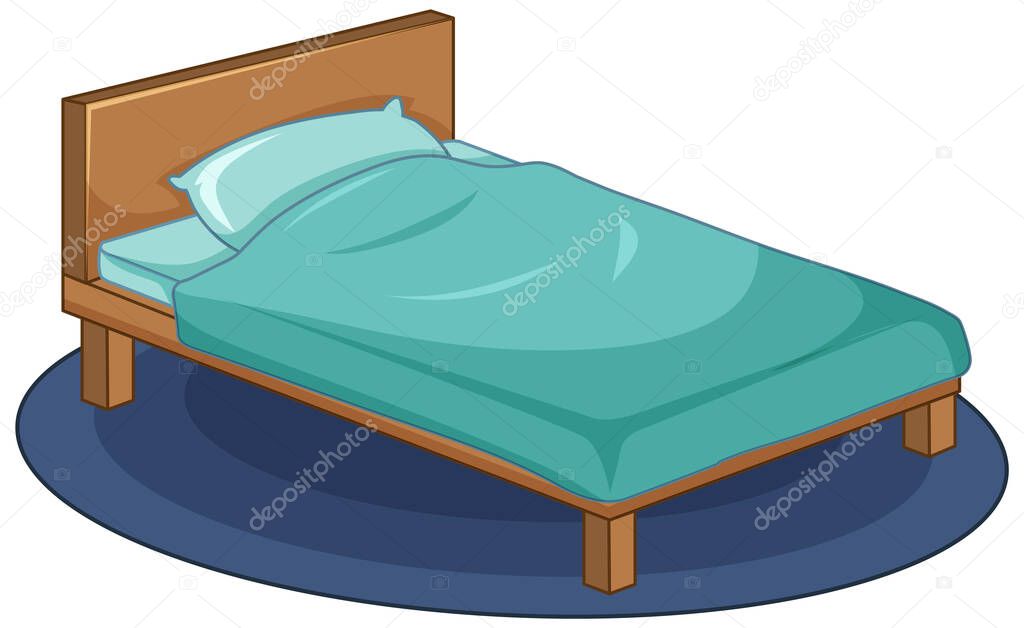 Wooden single bed on round carpet with blue blanket and pillow in cartoon style illustration