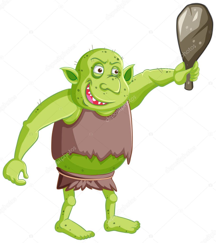 Goblin or troll holding hunting tool isolated in cartoon character on white background illustration