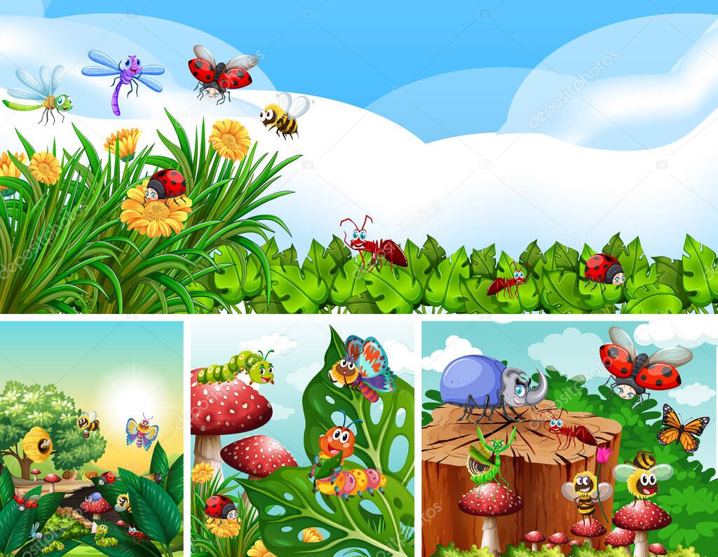 Set of different insects living in the garden background illustration