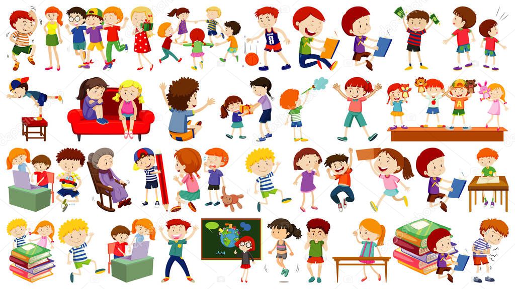 Set of cute kids cartoon character illustration