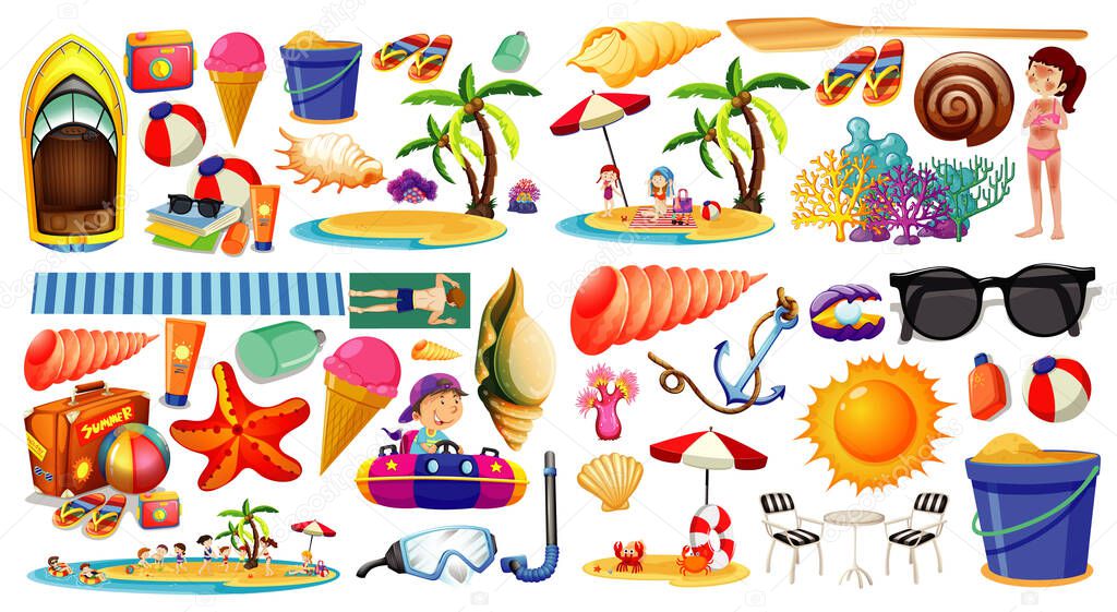 Set of summer beach icon cartoon style on white background illustration