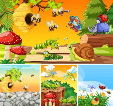 Bahçe arka planında yaşayan bir grup farklı böcek.