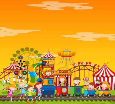 Gündüz vakti boş sarı gökyüzü illüstrasyonuyla lunapark sahnesi