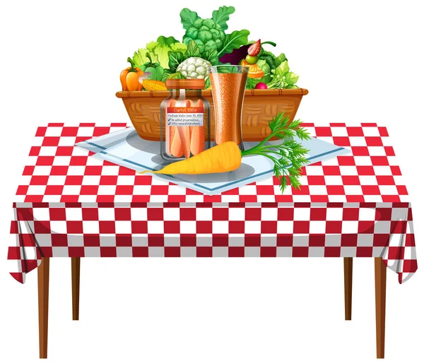 Vegetable Fruits Table Checkered Pattern Tablecloth Illustration — Stock Vector