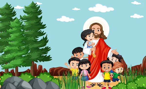 Jesus Children Park Illustration — Stock Vector