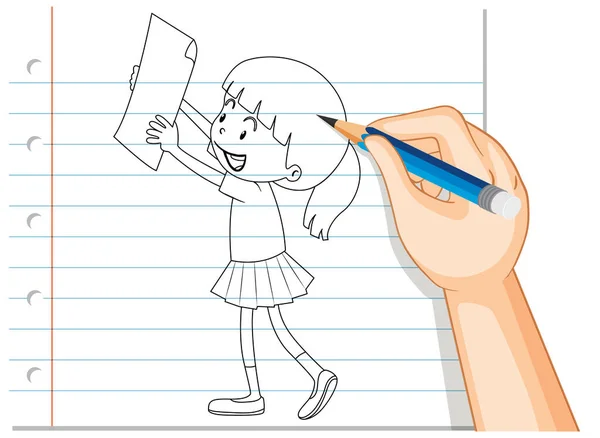Escrita Mão Menina Segurando Papel Esboço Ilustração — Vetor de Stock