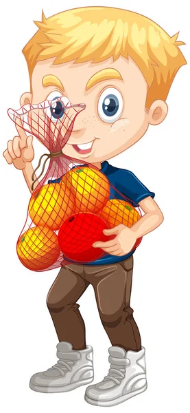 Cute Boy Blonde Hair Holding Fruits Standing Position Illustration — Stock Vector