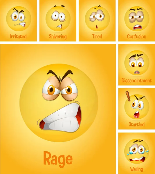 Zestaw Różnych Twarzy Emoji Jego Opisem Żółtym Tle Ilustracji — Wektor stockowy