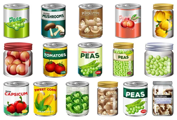 Set Different Canned Food Food Jars Isolated Illustration — Stock Vector