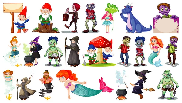 Set Von Fantasy Cartoon Figuren Und Fantasy Thema Isoliert Auf — Stockvektor