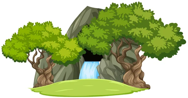 Wasserfall Steinhöhle Mit Bäumen Isoliert Auf Weißem Hintergrund Illustration — Stockvektor
