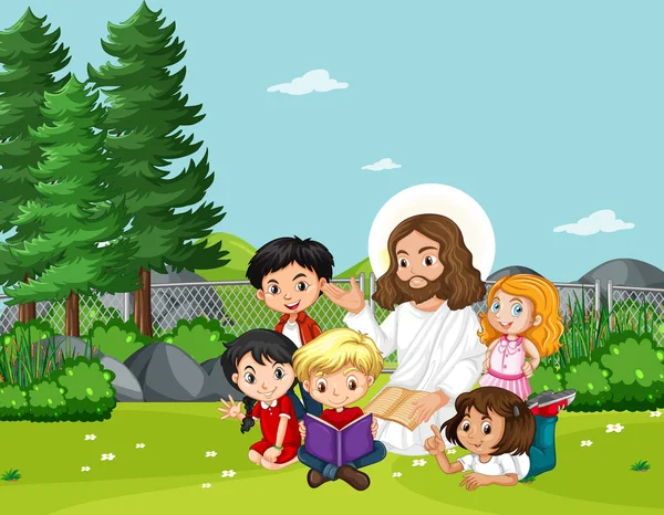 Jesus Children Park Illustration — Stock Vector