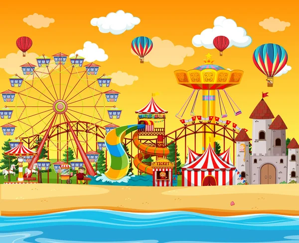 Park Rozrywki Plażową Sceną Dzień Balonami Niebie Ilustracja — Wektor stockowy