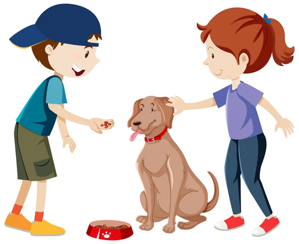 Deux Enfants Pratiquant Nourrissant Leur Dessin Animé Pour Chien Illustration — Image vectorielle