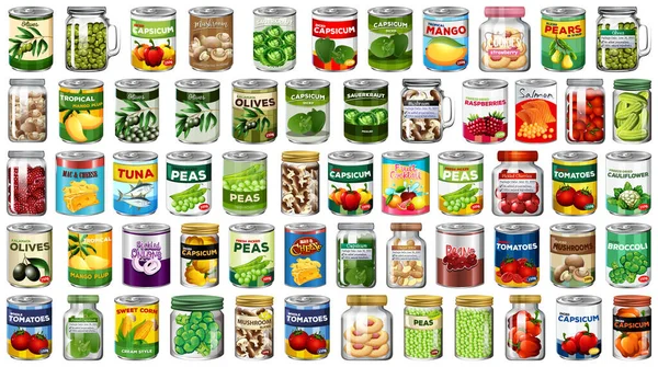 瓶の中のさまざまな缶詰や食品のセット孤立イラスト — ストックベクタ