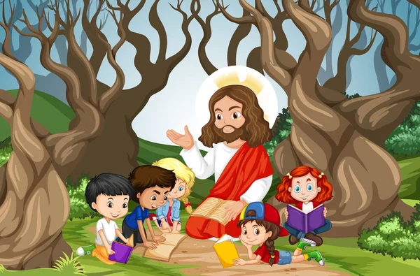 Jezus Głosząc Kazania Grupy Dzieci Lesie Ilustracji Sceny — Wektor stockowy