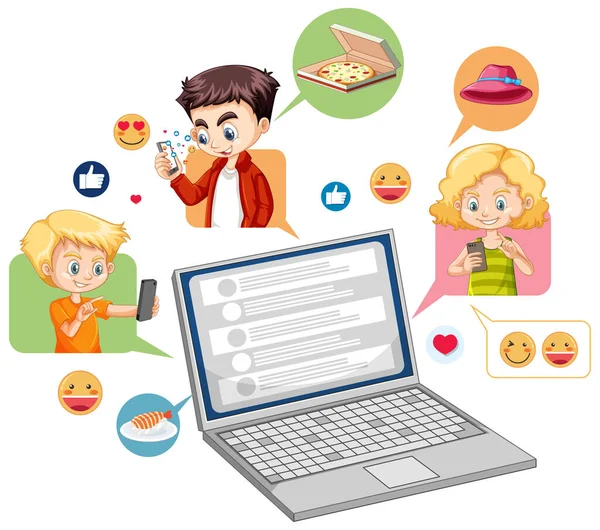 Ordenador Portátil Con Emoji Icono Medios Sociales Estilo Dibujos Animados — Vector de stock