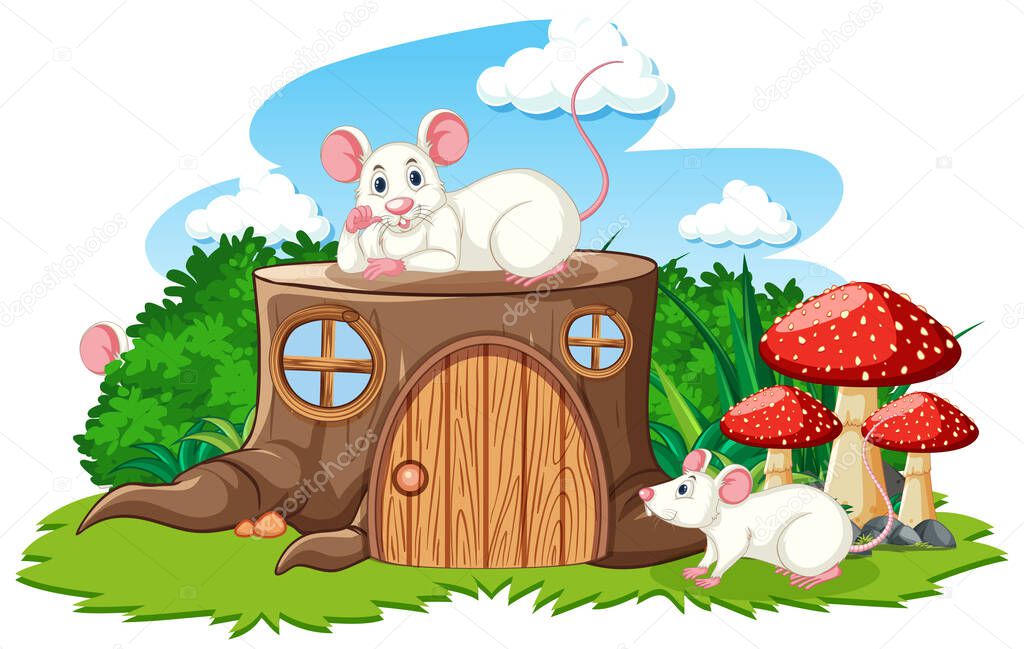 Stump house with white mouse cartoon style on white background illustration