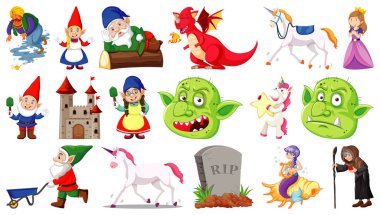 Beyaz arkaplanda izole edilmiş fantastik çizgi film karakterleri ve fantezi teması