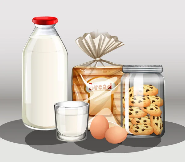 Backwaren Mit Einer Flasche Milch Und Zwei Eiern Einer Gruppenillustration — Stockvektor