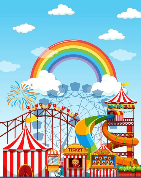 Escena Del Parque Atracciones Durante Día Con Arco Iris Cielo — Vector de stock