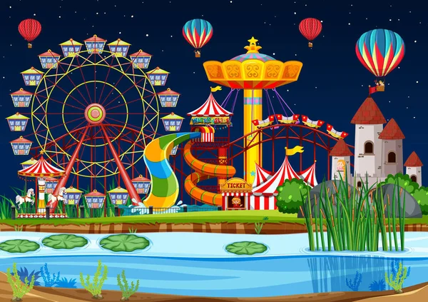 Amusement Park Swamp Scene Night Balloons Illustration — Stock Vector