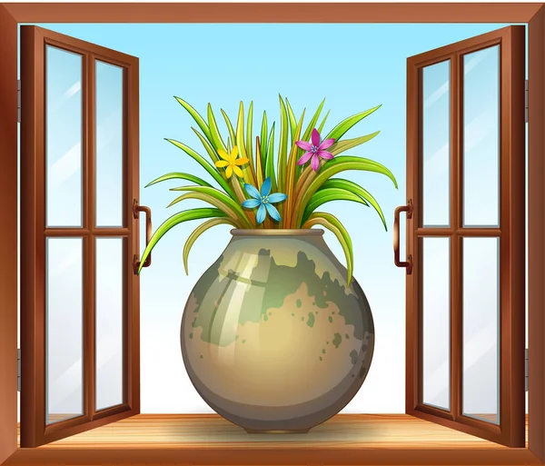 Blume Der Vase Der Nähe Fenster Illustration — Stockvektor