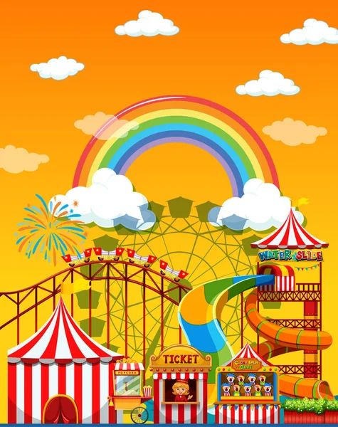 Amusement Park Scene Daytime Rainbow Sky Illustration — Stock Vector