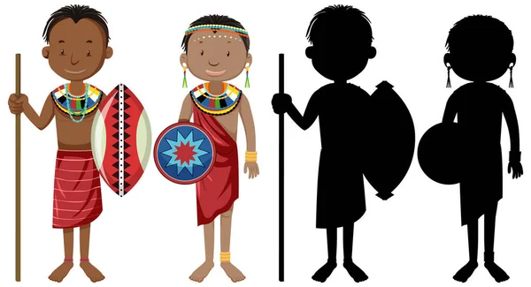 Zestaw Ludzi Afrykańskich Plemion Charakter Jego Sylwetki Ilustracji — Wektor stockowy