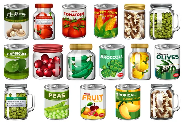 Σύνολο Διαφόρων Κονσερβοποιημένων Τροφίμων Και Τροφίμων Βάζα Απομονωμένη Απεικόνιση — Διανυσματικό Αρχείο