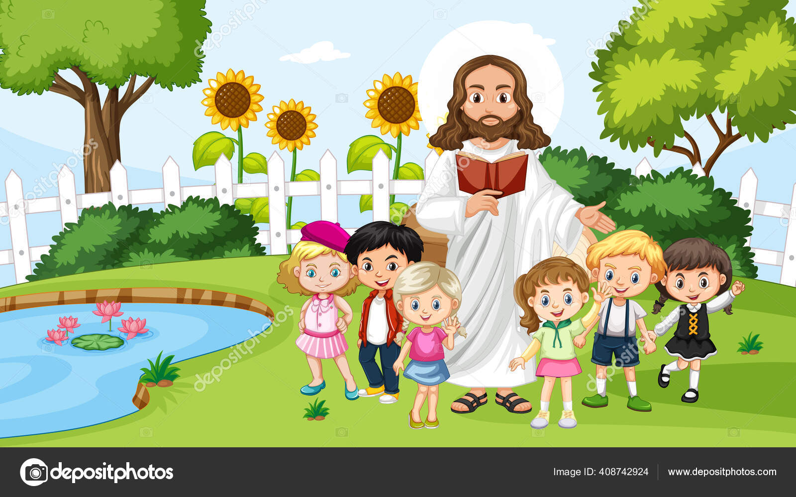 Jesus with children in the park illustration