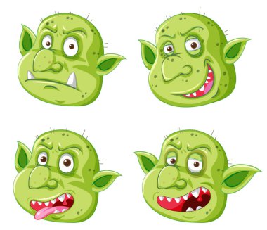 Çizgi film tarzında farklı ifadelerde yeşil goblin ya da trol yüzü.