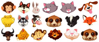 Bir grup farklı çizgi film hayvanı beyaz arkaplan çiziminde büyük bir izole kafaya sahipler.