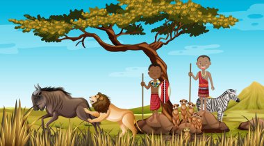 Afrika kabilelerinin geleneksel giysileri içindeki etnik insanları doğa arkaplan resimlerinde