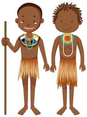 Geleneksel kıyafet çizgi film karakteri çizimleri içindeki Afrikalı kabilelerin etnik insanları