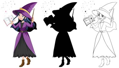 Beyaz arkaplanda izole edilmiş renkli, ana hatlı ve siluet çizgi film karakterli bir cadı.