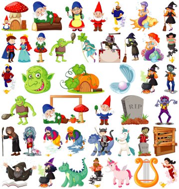 Beyaz arkaplanda izole edilmiş fantastik çizgi film karakterleri ve fantezi teması