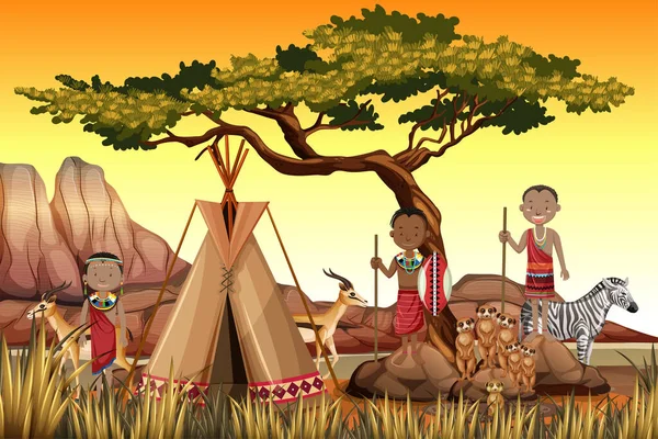 Ethnische Menschen Afrikanischer Stämme Traditioneller Kleidung Der Natur Hintergrundillustration — Stockvektor