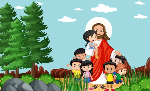 Jesus Med Barn Parken Illustration — Stock vektor