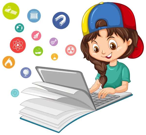 Lány Keres Laptop Oktatási Ikon Elszigetelt Illusztráció — Stock Vector