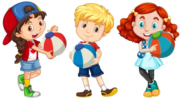 Diferentes Três Crianças Segurando Ilustração Bola Colorida — Vetor de Stock