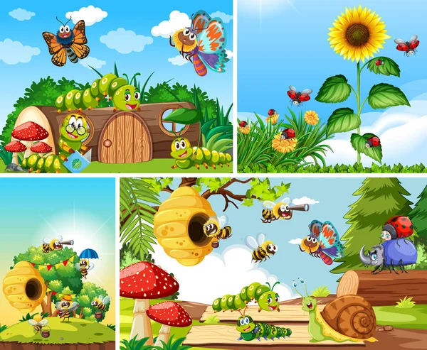 Set Different Insects Living Garden Background Illustration — Stock Vector