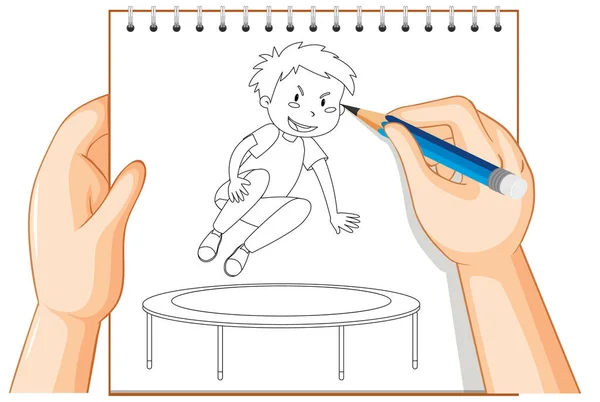 Handschrift Des Jungen Der Auf Trampolin Springt Umriss Illustration — Stockvektor