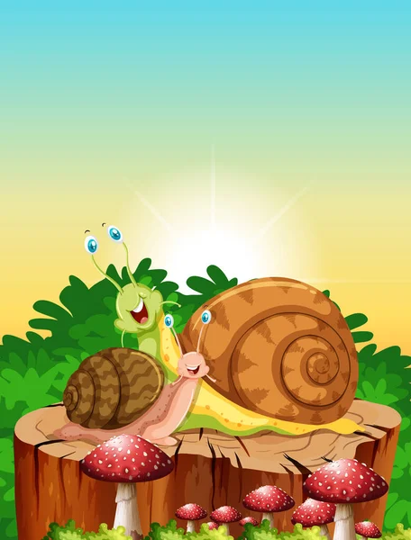 Two Snails Living Garden Scene Daytime Illustration — Stock Vector